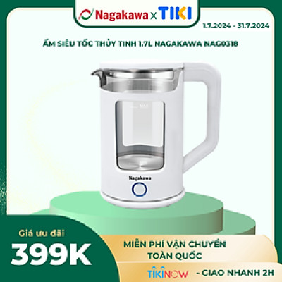 Ấm siêu tốc thủy tinh Nagakawa NAG0318, dung tích 1.7L, công suất 1355W, bảo hành 12 tháng hàng chính hãng