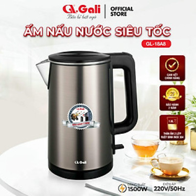 Ấm Siêu Tốc Gali GL-18A8 Thân Ấm Nguyên Khối Inox 304. Thiết kế 2 lớp Chống Nóng. hàng chính hãng, bảo hành 24 tháng