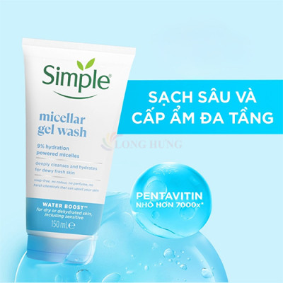 Sữa rửa mặt Simple Micellar Gel Wash giúp cấp ẩm và sạch sâu cho da khô (150ml) - Hàng chính hãng