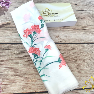 Khăn Lụa Vuông SenSilk Vẽ Tay Hoa Cẩm Chướng 75*75cm, Khăn Lụa Cao Cấp 
