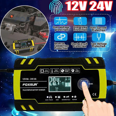Sạc Ắc Quy Thông Minh Nhật Bản Foxsur  – 12V/24V, Khử Sunfat, Bảo Dưỡng Tự Động, Loại Xịn , đèn led