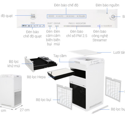 Máy Lọc Không Khí Daikin MCK55TVM6 Công nghệ Streamer 3C Tích Hợp Ion Plasma Lõi Lọc Tuổi Thọ Lên Đến 10 Năm, Diệt Khuẩn Và Lọc Sạch 99,97% Bụi Bẩn, Diện Tích Sử Dụng 40 m2, Công Suất 58W - Hàng Chính Hãng