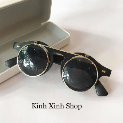 Kính râm Nam Nữ Mắt Tròn Gọng Nhựa 2 Tròng Mở Nắp Thời Trang Retro