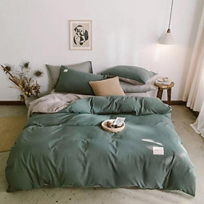 Bộ Chăn Ga Gối Cotton Tici LIDACO - Xanh Rêu Ga Xám
