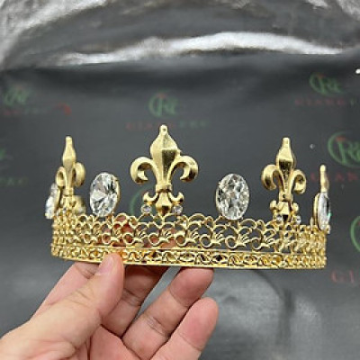 Vương miện nam vướng chóp nhọn đá tròn màu vàng cao 6cm