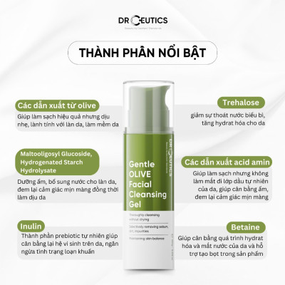 DrCeutics Gel Rửa Mặt Tạo Bọt Gentle OLIVE Facial Cleansing Gel – Dịu Nhẹ, Dành Cho Mọi Loại Da, Da Nhạy Cảm (250g)