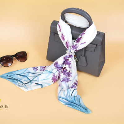 Khăn Lụa Vuông Thời Trang Vẽ Tay Hoa Lavender - SenSilk Limited, Khăn Lụa Tơ Tằm Việt Nam
