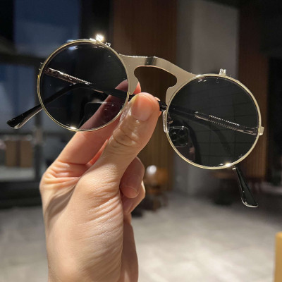 Kính râm clip on 2in1 Mắt tròn kim loại gọng vàng lò xo