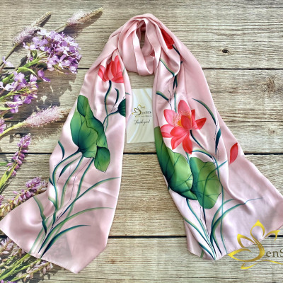 Khăn Lụa SenSilk Vẽ Tay Thời Trang Sen Việt 180x55cm, Quà Tặng Cao Cấp Cho Nữ, Tinh Hoa Tơ Lụa Viêt Nam