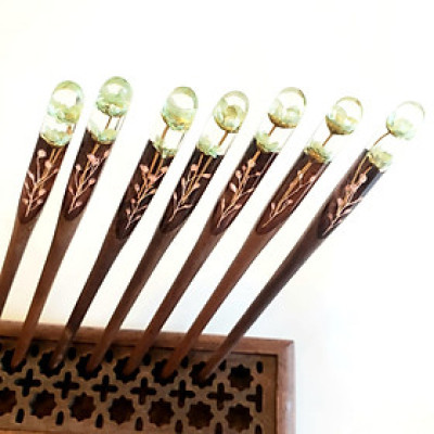Trâm cài tóc gỗ- resin 2 hoa 
