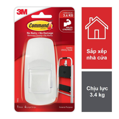Móc dán tường Jumbo Command 3M chịu lực 3.4kg - Dễ sử dụng, độ bền cao, bám cực chắc, tháo cực dễ 17004ES