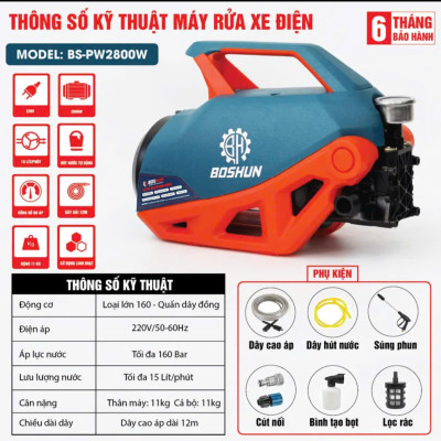 Máy rửa xe Boshun Áp lực cao 160 Bar - Công Suất lớn 2800W - BS-PW2800W - Có Áp Chống Giật, Chống Cháy- Bảo Hành Chính Hãg 6 tháng