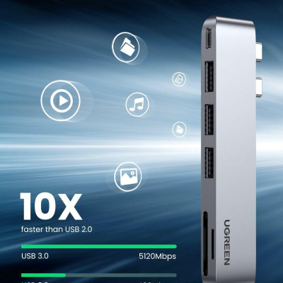 Ugreen UG60560CM251TK macbook pro air 2 cổng USB Type C Bộ chuyển đổi sang 3x Hub USB 3.0 + SD/TF + nguồn PD màu xám bằng nhôm - HÀNG CHÍNH HÃNG