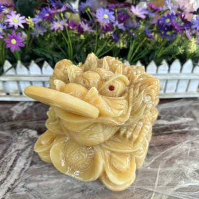 Tượng Cóc Ba Chân, Cóc Ngậm Tiền, Thiềm Thừ phong thủy chiêu tài lộc đá ngọc hoàng long - Dài 20 cm