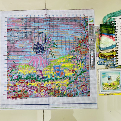 Tranh thêu kín Bé gái Y6070, kích thước 50* 50 cm