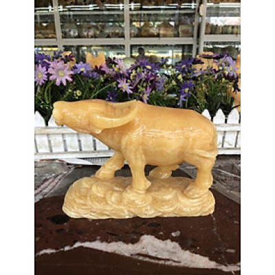 Tượng con Trâu giáp phong thủy đá ngọc hoàng long trang trí phòng khách, bàn làm việc - Dài 20 cm