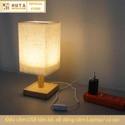 Đèn ngủ để bàn HUTA G3S Gỗ Chao Vuông Hiện Đại Decor Trang trí phòng ngủ, Đọc Sách Đầu Giường, Đầu Cắm USB, Đèn Vàng Bóng LED Tiết Kiệm Điện