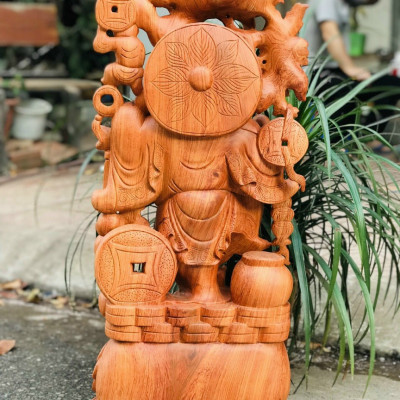 Tượng phật di lặc ngũ phúc gánh cành đào bằng gỗ hương đá kt cao 80cm 