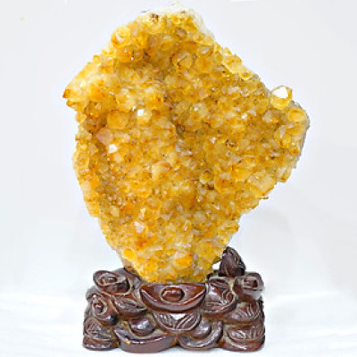 Khối Đá Thạch Anh Vàng Citrine Phong Thủy Đế Gỗ Tự Nhiên 32x23x5cm
