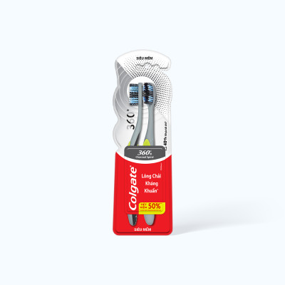 Bộ Đôi Bàn Chải Đánh Răng COLGATE 360 Charcoal Spiral Lông Chải Siêu Mềm Xoắn Kép Phủ Than