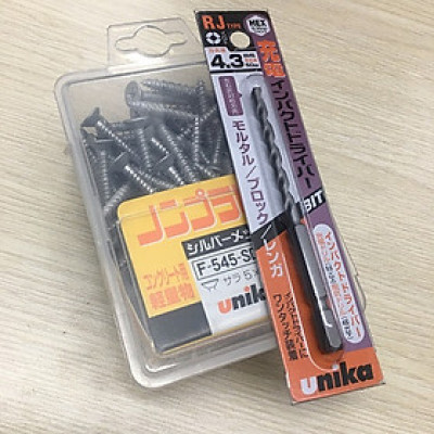 Combo Vít bê tông 5mm đầu bằng F545 & Mũi khoan tường 4.3mm đuôi lục giác Unika (Không cần tắc kê nhựa)