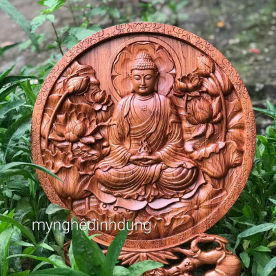 Đĩa khắc phật adi đà bằng gỗ hương đá kt mặt tròn 40cm 