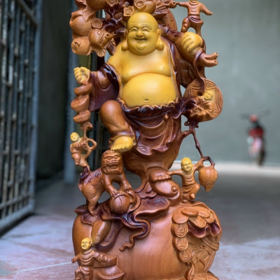 Tượng phật di lặc ngũ phúc bằng gỗ hương đá kt cao 60vm