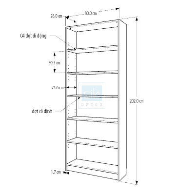 Kệ Sách 6 Tầng Billy Cao 202cm, Dài 80cm Rộng 28cm SIB Decor KSG109