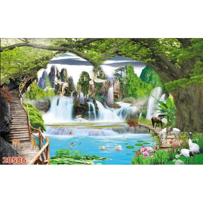 Tranh dán tường 3D sơn thủy hữu tình , phong cảnh, thác nước nhận in theo kích thước yêu cầu