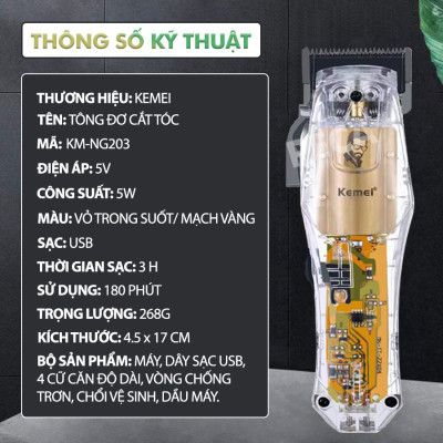 Tông đơ cắt tóc chuyên nghiệp Kemei KM-NG203 phiên bản trend thấy mạch cá tính sạc nhanh USB công suất mạnh có thể dùng cạo tóc phù hợp sử dụng salon tiệm tóc, barber shop