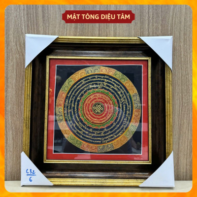 Tranh Mandala Chú Om Mani Padme Hum kèm khung 32cm Vẽ Tay Thủ Công Nepal Tranh chú lục tự chân ngôn Mật tông Diệu Tâm