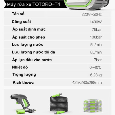 Máy Rửa Xe Áp Lực Cao ABG Lutian Totoro-T4 Công Suất 1400w 100bar, Máy Phun Xịt Rửa Xe Cao Áp, Chuyên Dụng Cho Cửa Hàng Rửa Xe, Nhà, Xưởng Công Nghiệp - Hàng Chính Hãng