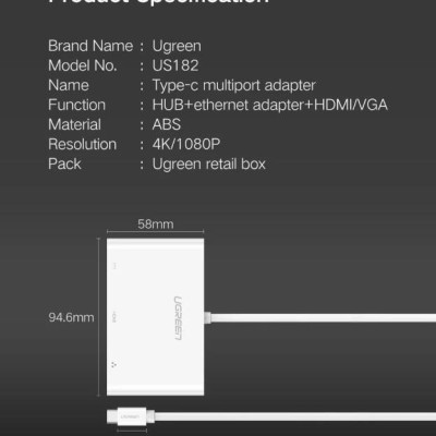 Ugreen UG30440US182TK Bộ chuyển đổi TYPE C sang USB 3.0 + USB 2.0 + HDMI + LAN + hỗ trợ nguồn TYPE C - HÀNG CHÍNH HÃNG