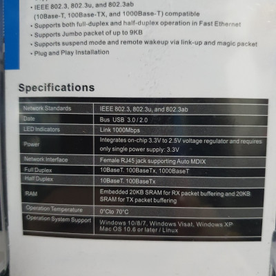 Cáp Chuyển USB 3.0 To Lan 10/100/1000 Mbps Gigabit - Cáp USB to LAN 3.0 Gigabit - Hàng chính hãng