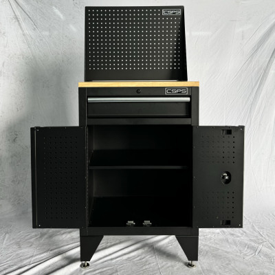 Tủ dụng cụ CSPS 61cm - 01 hộc kéo màu đen, tay cầm trắng kèm chân tủ ván gỗ vách lưới