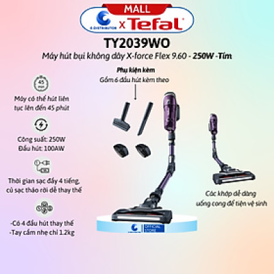 Máy hút bụi không dây X-force Flex 9.60 TY2039WO - Tím - Hàng Chính Hãng - - Công suất: 250W  - Đầu hút: 100AW  - Thời lượng pin: 45 phút