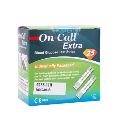 Hộp 25 Que Thử Đường Huyết On Call Extra Mỗi Que Trong Một Túi Nhôm Riêng