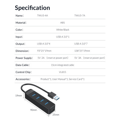 Bộ chia 4 cổng USB 3.0 có cổng cấp nguồn phụ Orico TWU3-4A - Hàng Chính Hãng