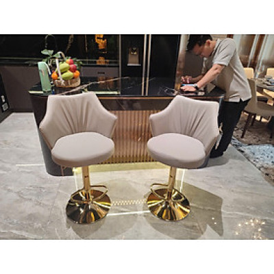 Ghế đảo bếp màu kem CB2297B-P Nội thất Capta Ghế ngồi quầy đảo bếp nệm da PU nềm lưng cao chân tăng giảm thép mạ màu vàng