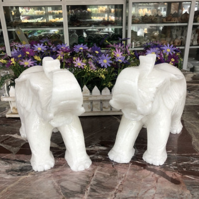 Cặp tượng con voi phong thủy đá cẩm thạch trắng - Dài 25 cm