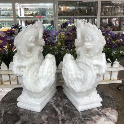 Cặp Rồng đứng phong thủy đá cẩm thạch trắng - Cao 23 cm