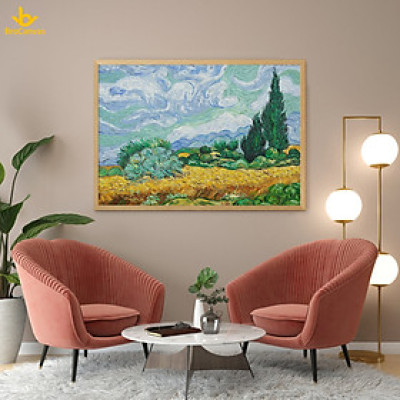 Tranh in canvas trang trí treo tường  - Cánh đồng lúa mì xanh " Van Gogh "