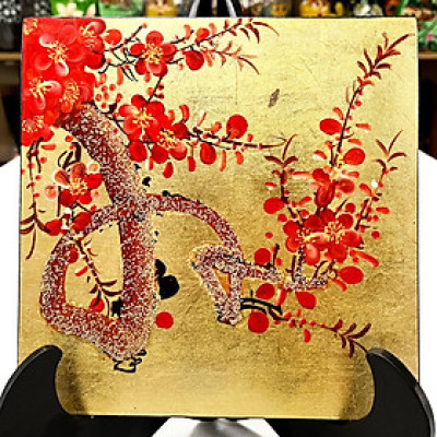 Tranh Sơn Mài - HỌA TIẾT HOA ĐÀO | Nền Dát Vàng Sang Trọng | ( không kèm khung)