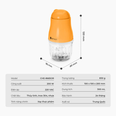 Máy xay thực phẩm Elmich CHE-8665 300ml 200W, Hàng chính hãng, 6 cánh dao, cối thủy tinh - JoyMall