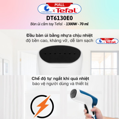 Bàn ủi cầm tay Tefal DT6130E0 1300W - Hàng Chính Hãng - Bình nước  70 ml, Mặt đế  Nhựa, Chức năng  Ủi hơi nước