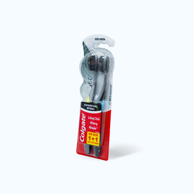 Bộ Đôi Bàn Chải Đánh Răng COLGATE 360 Charcoal Spiral Lông Chải Siêu Mềm Xoắn Kép Phủ Than