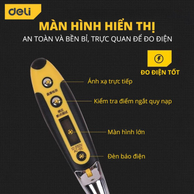 Bút Thử Điện Hàng Nhập khẩu  Deli 12-250V - Màn Hình LED Kỹ Thuật Số Hiển Thị  Thuận Tiện