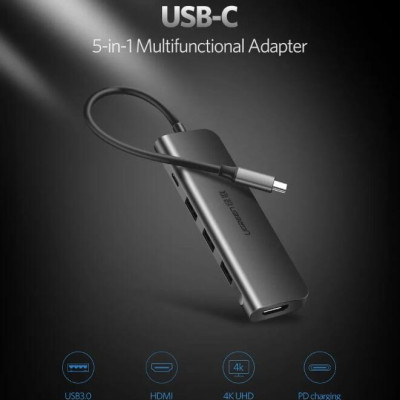 Ugreen UG50209CM136TK Bộ chuyển đổi TYPE C sang 3 USB 3.0 + HDMI + hỗ trợ nguồn TYPE C - HÀNG CHÍNH HÃNG