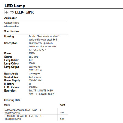 BÓNG ĐÈN LUMAX#ECOSAVE PLUS T8/765/IP65 - xx Thái Lan, Tiết kiệm năng lượng