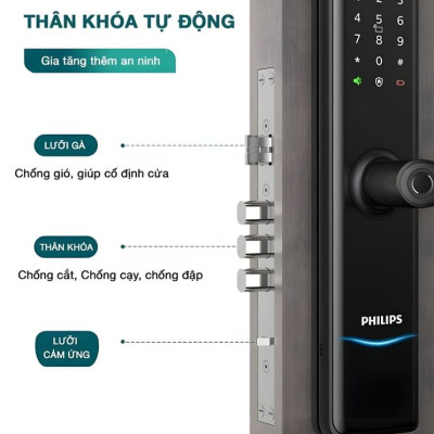 Bộ khóa cửa thông minh Bluetooth, vân tay, thẻ từ, mật khẩu và chìa cơ Philips DDL7300 - Hàng nhập khẩu